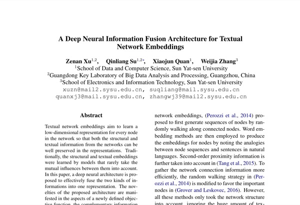 A Deep Neural Information Fusion Architecture for Textual Network Embeddings